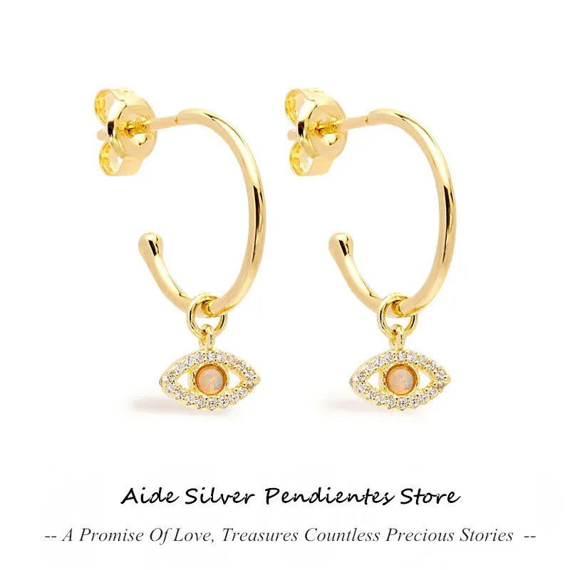 

AIDE Joyas De Oro 18k Verdadero 925 Sterling Silver C-Shaped Earrings For Women Opal Evil Eye Dangle Earring Fine Party Jewelry