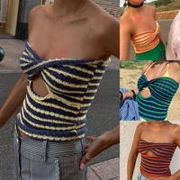 strapless knitted crop top women hollow out sexy y2k tank tops vintage 2022 spring summer off shoulder slim fitting corset top