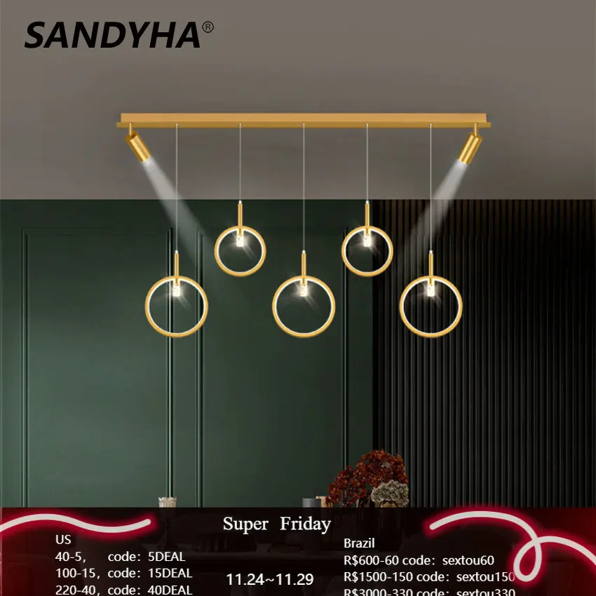 

SANDYHA Nordic Minimalist Luxury Chandelier Metal Strip Creative Hanging Lamp Bedroom Dining Living Room Spotlight Indoor Lights