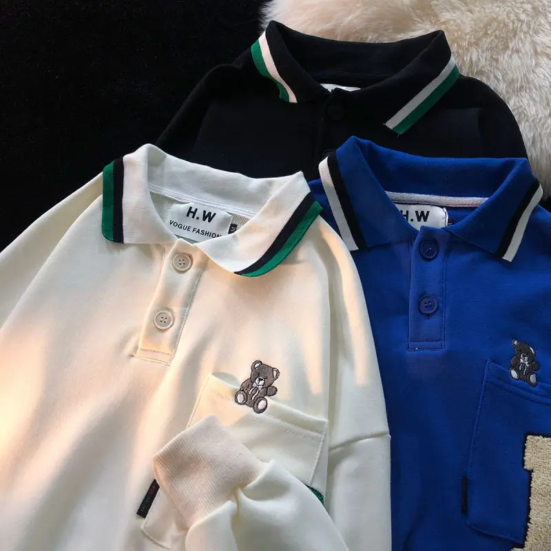 2022 Весенняя простая Милая рубашка-поло с вышивкой и карманами Свитшот в стиле
