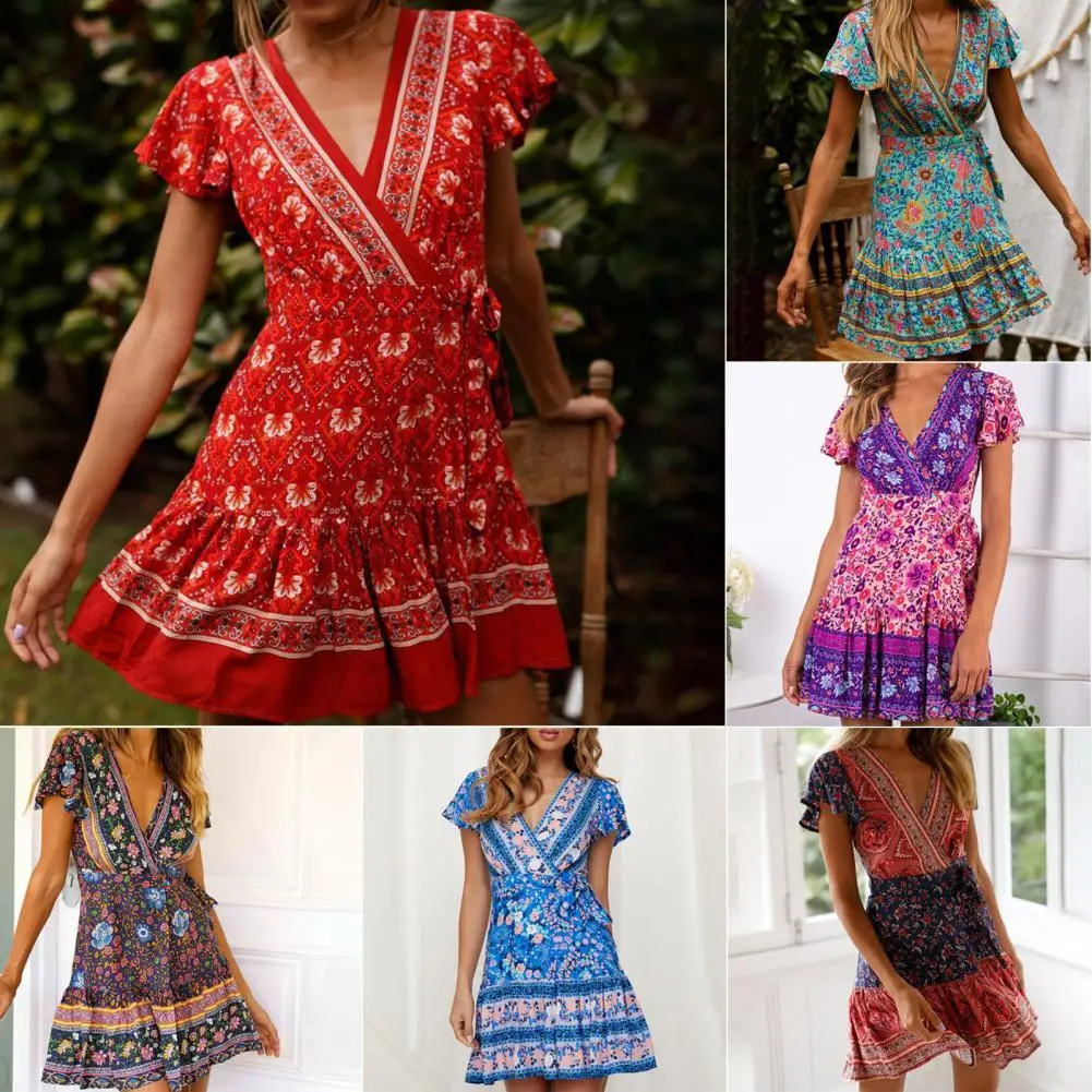 

Holiday Casual Boho Beachs Dress Women Retro Printed Party Dress Summer V Neck Lace Patchwork Hollow Out Pleated Mini Dress