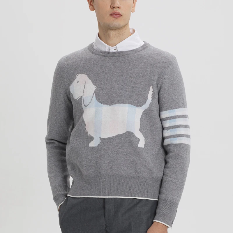 TB THOM O-Neck Sweaters Men's Korean Puppy Embroidery Knitted 4-Bar Striped Pullover Outerwear Spring Outdoor Men Sweaters