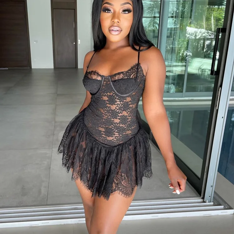 

Women Dress Spring and Summer Sling Zipper Nightclub Short High Waist Slim Pleated Solid Color Sleeveless See-through Lace Dress