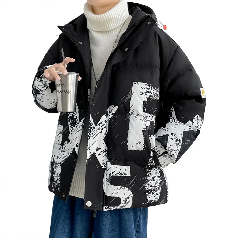 2022 Winter New Letter Printed Korean Long Section Oversized Parka Men Thickened And Velvet Parka Warm Jacket Cotton Down Jacket