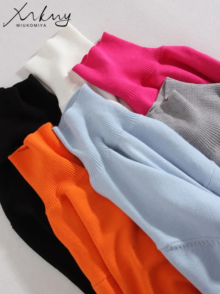 Синий плотный зимний женский свитер с высоким воротником пуловеры оверсайз