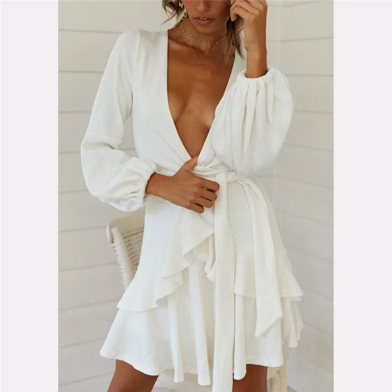 

Autumn Women Deep V-neck Sexy Dress Elegant Ladie Casual Lanterm Sleeve Dress Solid Color Fashion Hem Vestido