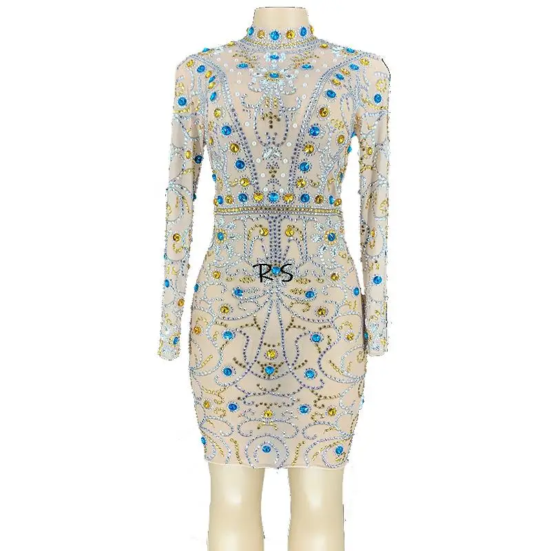 

Women Sexy Gold Rhinestone Transparent Dress Women Birthday Outfit Dress Stage Wear