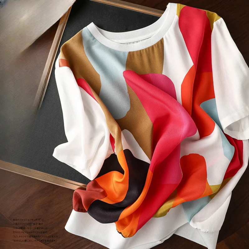 

Silk Women's T-shirt Summer 2023 New Printed Loose Satin Tees Short Sleeves Top Ladies O-neck Patchwork Clothing YCMYUNYAN