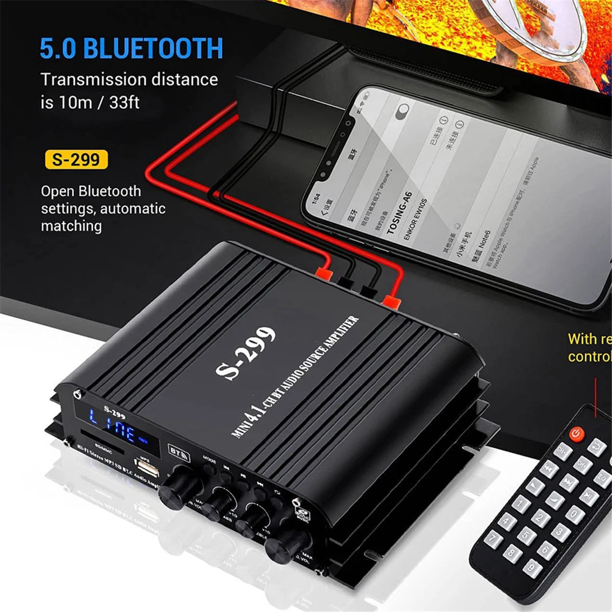 S-299 Mini 4 1 аудио стерео усилитель мощности BT портативный автомобиль и дом двойного