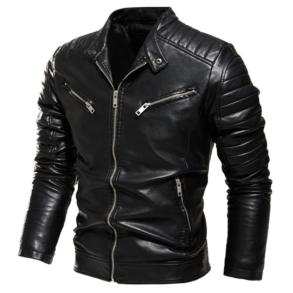 

2023 Winter Black Leather Jacket Men Fur Lined Warm Motorcycle Jacket Slim Street Fashion BLack Biker Coat Pleated Design