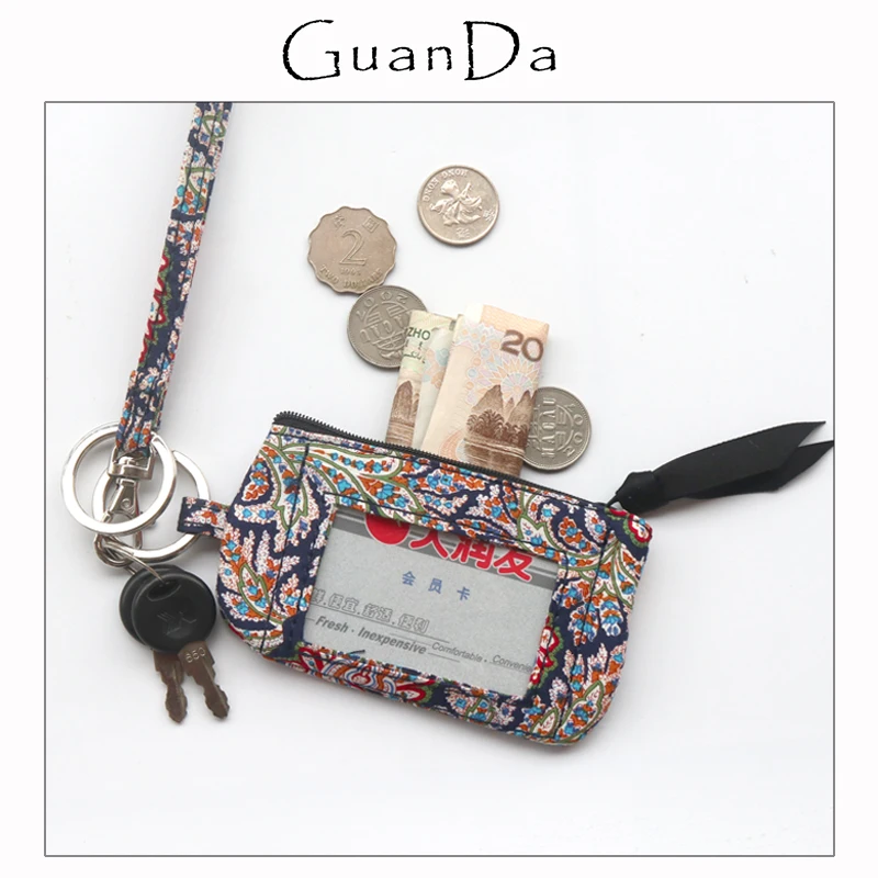 

Women ID Badge Holder Ethnic Cotton Fabric Neck Strap Zip Coin Purse Exotic Card Bag Female Key Ring Mini Lanyard Wallet