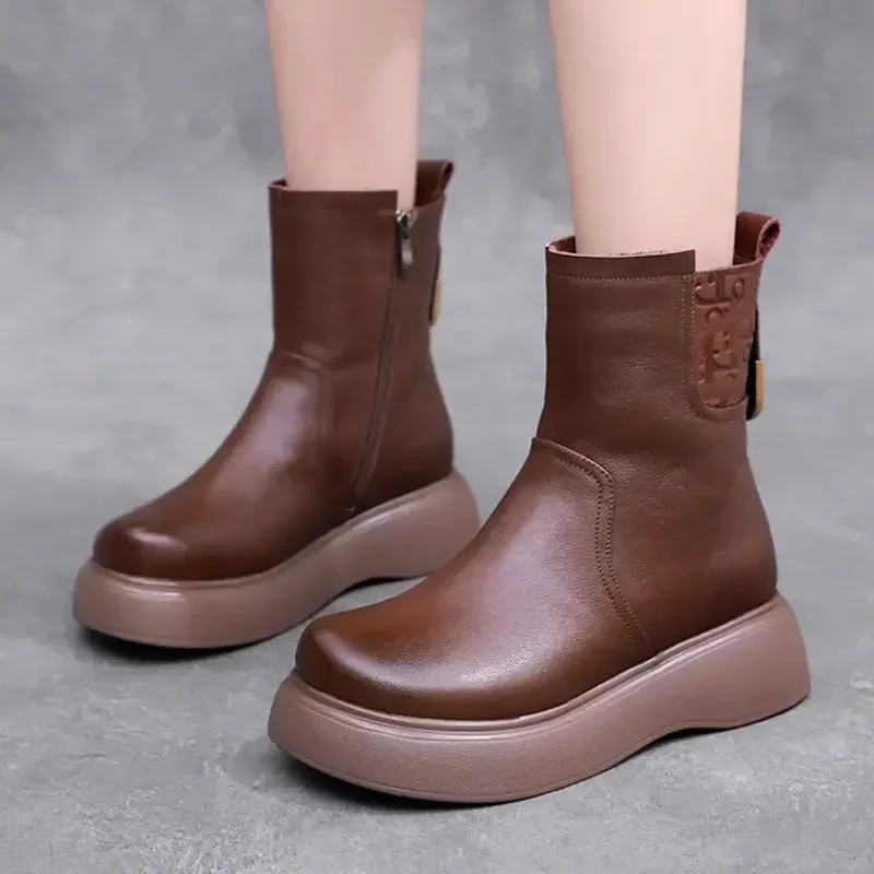 

Brown Chunky Platform Shoes for Women Round Toe Womens Snow Boots Chelsea Black Ankle Booties Leather Gothic Fashion 2023 Goth