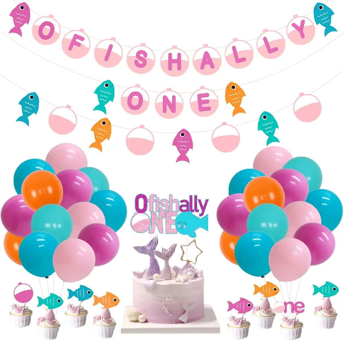 

Ofishally One 1st Birthday Decorations Girls Pink Fish Theme Banner Cake Toppers Balloons for Gone Fishing First Birthday Party