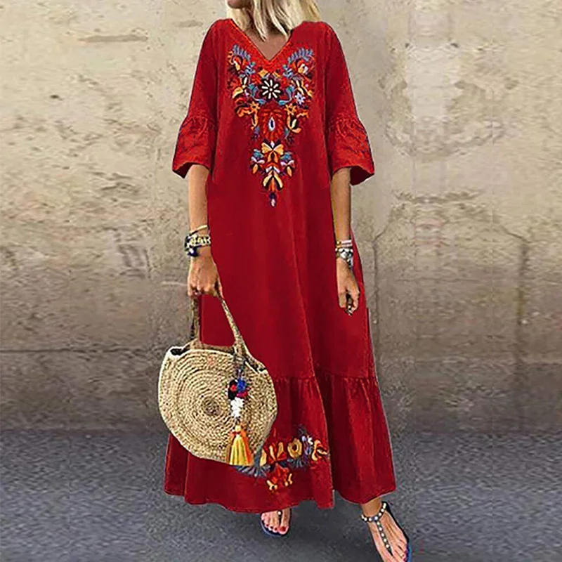 2022 Summer Women Sexy V-neck Long Maxi Dress Elegant Print Linen Boho vestidos robe White Plus Size 5xl Female Loose Dresses