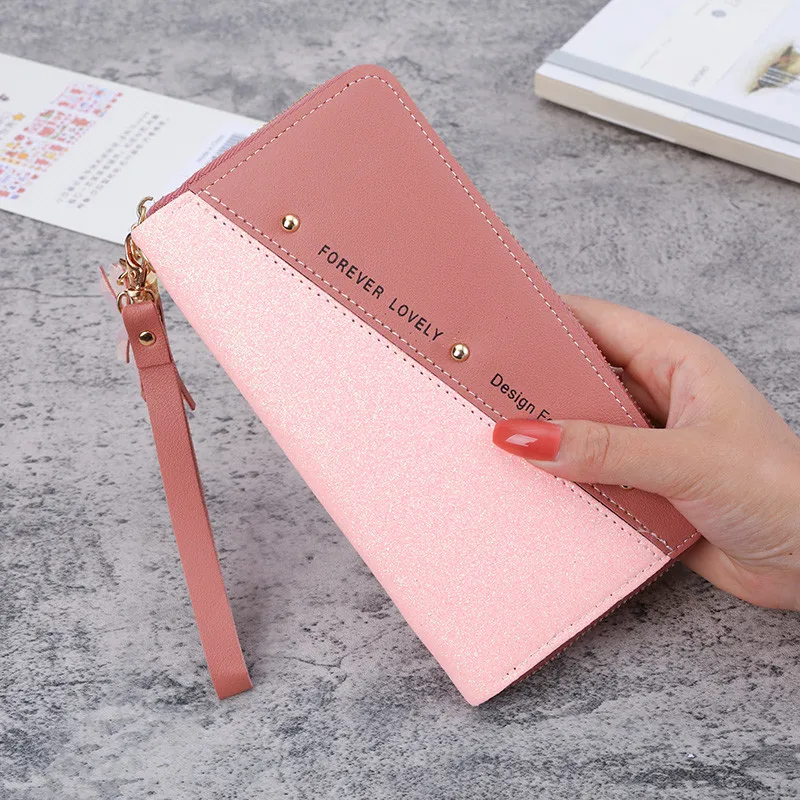 Fashion Women Sequin Patchwork Glitter Wallet Female Pu Leather Long Coin Purses Ladies Multifunction Wristband Clutch Phone Bag