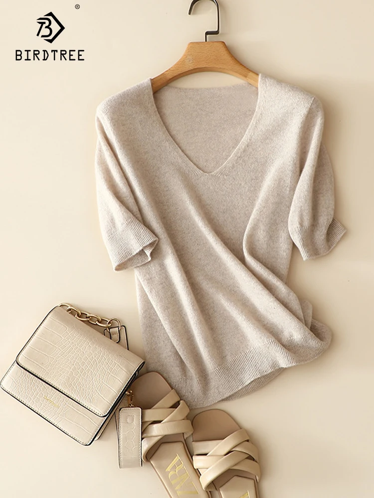

Женские футболки с коротким рукавом Birdtree, 100% кашемир, тонкие, с v-образным вырезом, свободные топы, бесшовные, 12 игл, Однотонные эластичные трикотажные футболки T35715C
