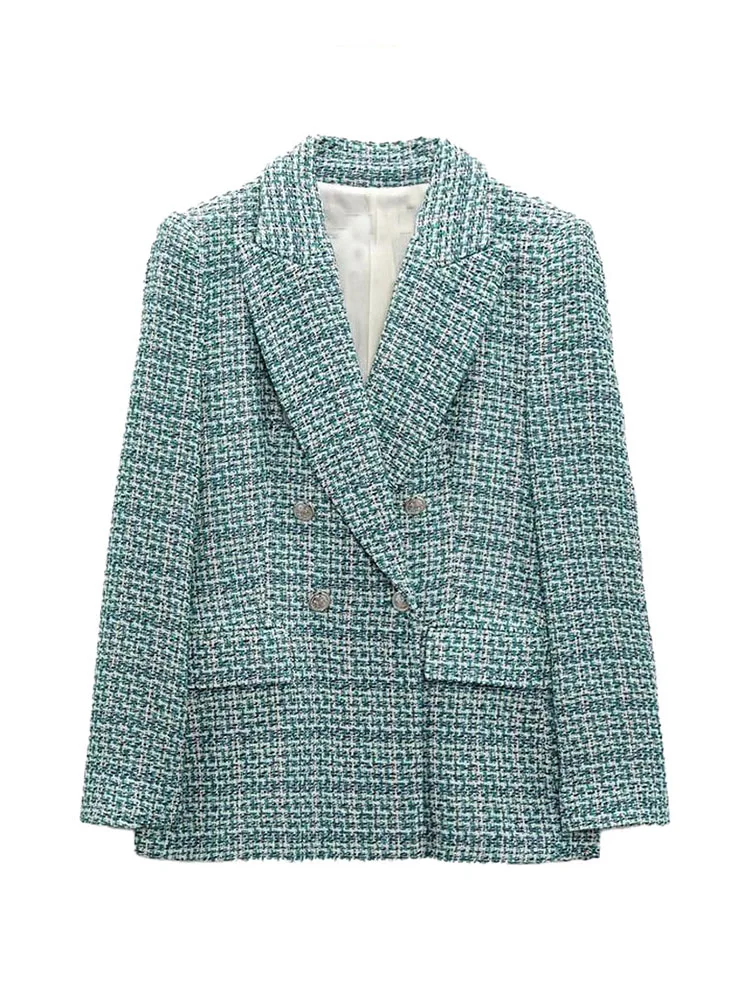 

Women 2022 spring New Fashion Double Breasted Tweed leisure Coat Vintage Long Sleeve Female Outerwear Chic