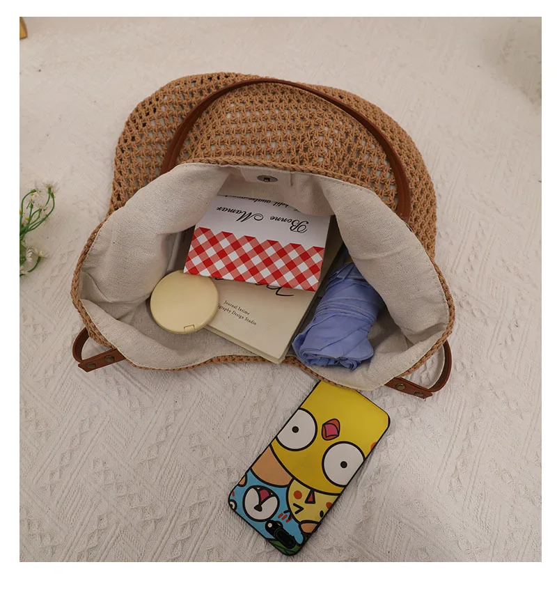 Leisure Hollow Out Knit Shoulder Cotton Thread Eco Rattan Woven Bag Summer Beach Sea Vacation Bag Women's Tote Bag Handbags
