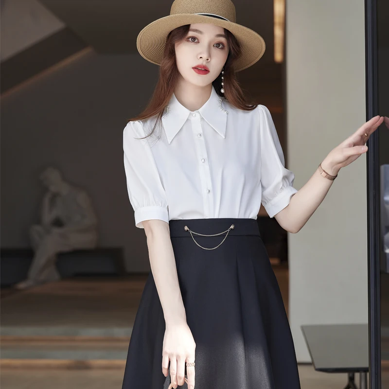 

White Office Ladies 2 Piece Skirt and Blouses Sets Tops Work Wear Clothes Fashion Women Shirts Half Sleeve Yellow