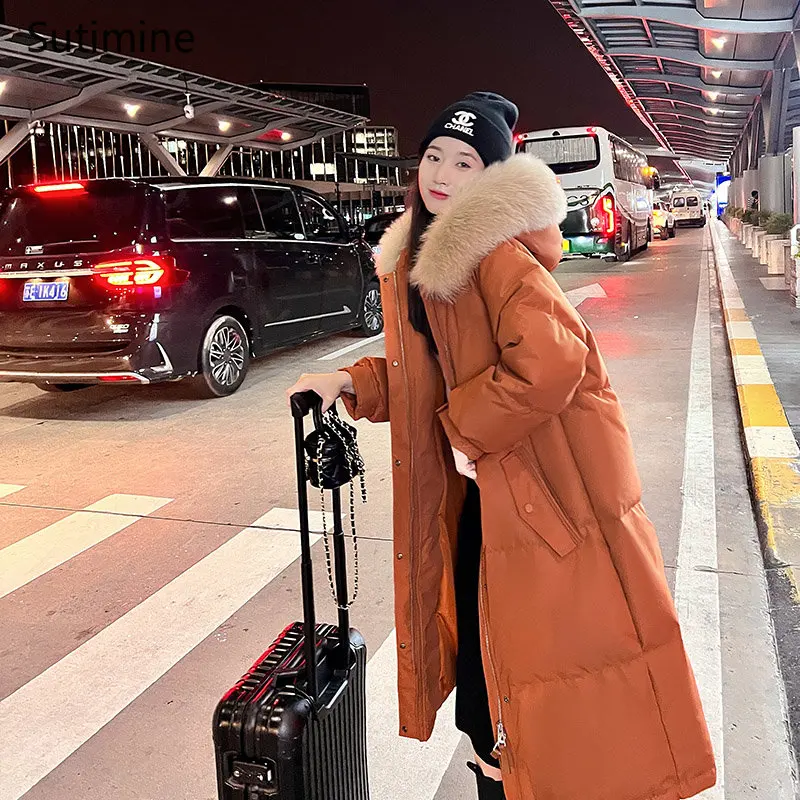 Winter Coat Women 2022 New Fashion Medium Length Down Jacket Zipper Hooded  Coat Loose Button Pockets  Coat Women