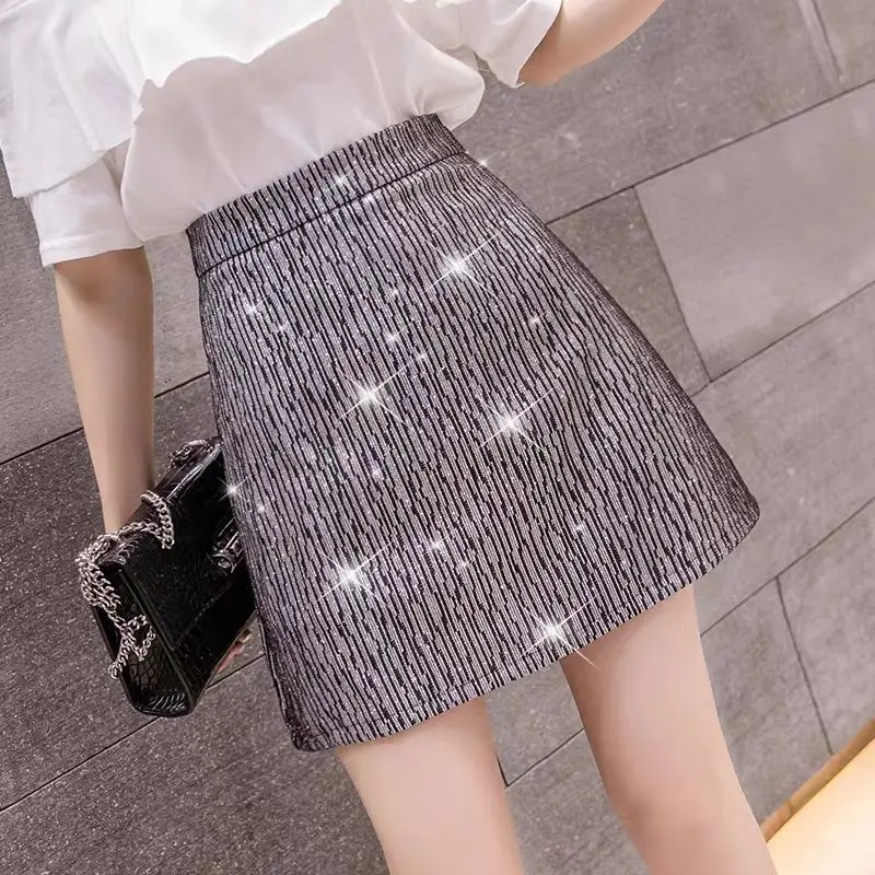 A-line  Half-length Skirt 2023 Spring/Summer New High Waist Korean Sequin  Wrap Hip Hot Diamond Slim Skirt