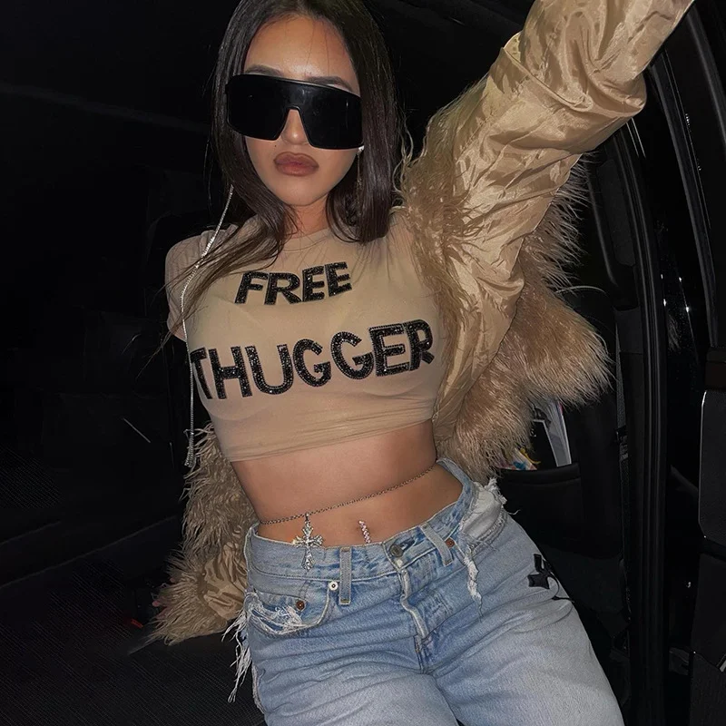 

Letter Print Slim Fit T Shirts for Women Summer 2023 Casual Round Neck Strecth Short Sleeve Crop Tops Female Y2k Streetwear