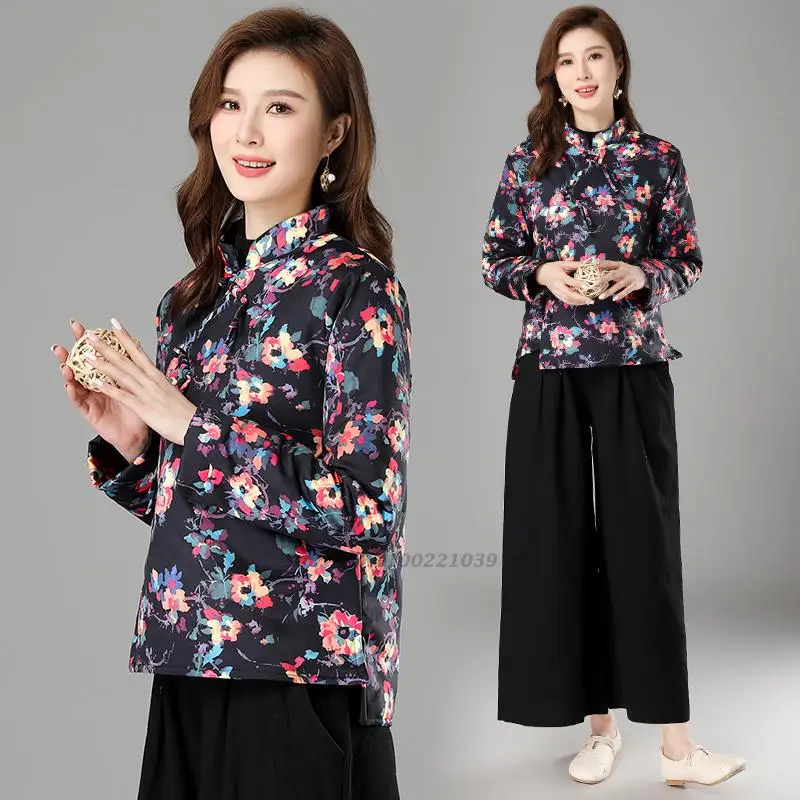 

2023 traditional chinese vintage thicken coat national flower print women long sleeve cheongsam blouse oriental tang suit jacket