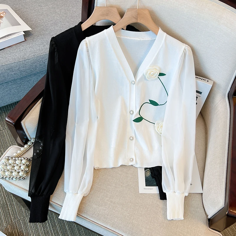 

Vintage Elegant Beaded Knit Cardigan Sweater Women Long Sleeve Gold Buttons Tops 2023 Autumn Stylish Chic Fashion Ladies Jumpers