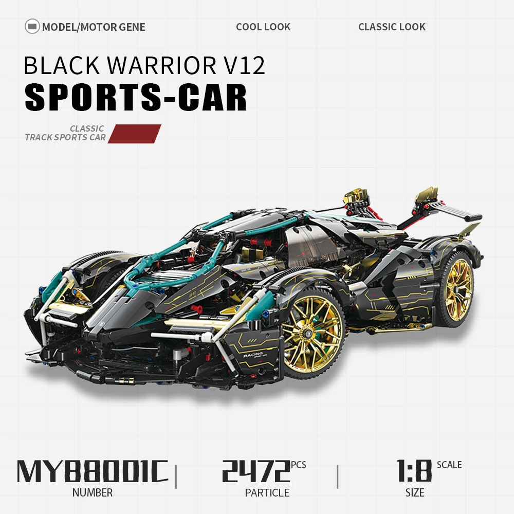 

High Tech Black Warrior V12 Concept Sports Racing Car Technical MY88001C Car Brick Moc Modular Building Blocks Model Toy 2472pcs