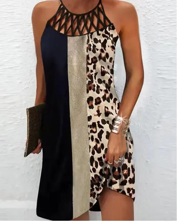 

Casual Halter Hollow Out Cheetah Print Colorblock Casual Dress Women 2022 Summer New Loose Elegant Dress