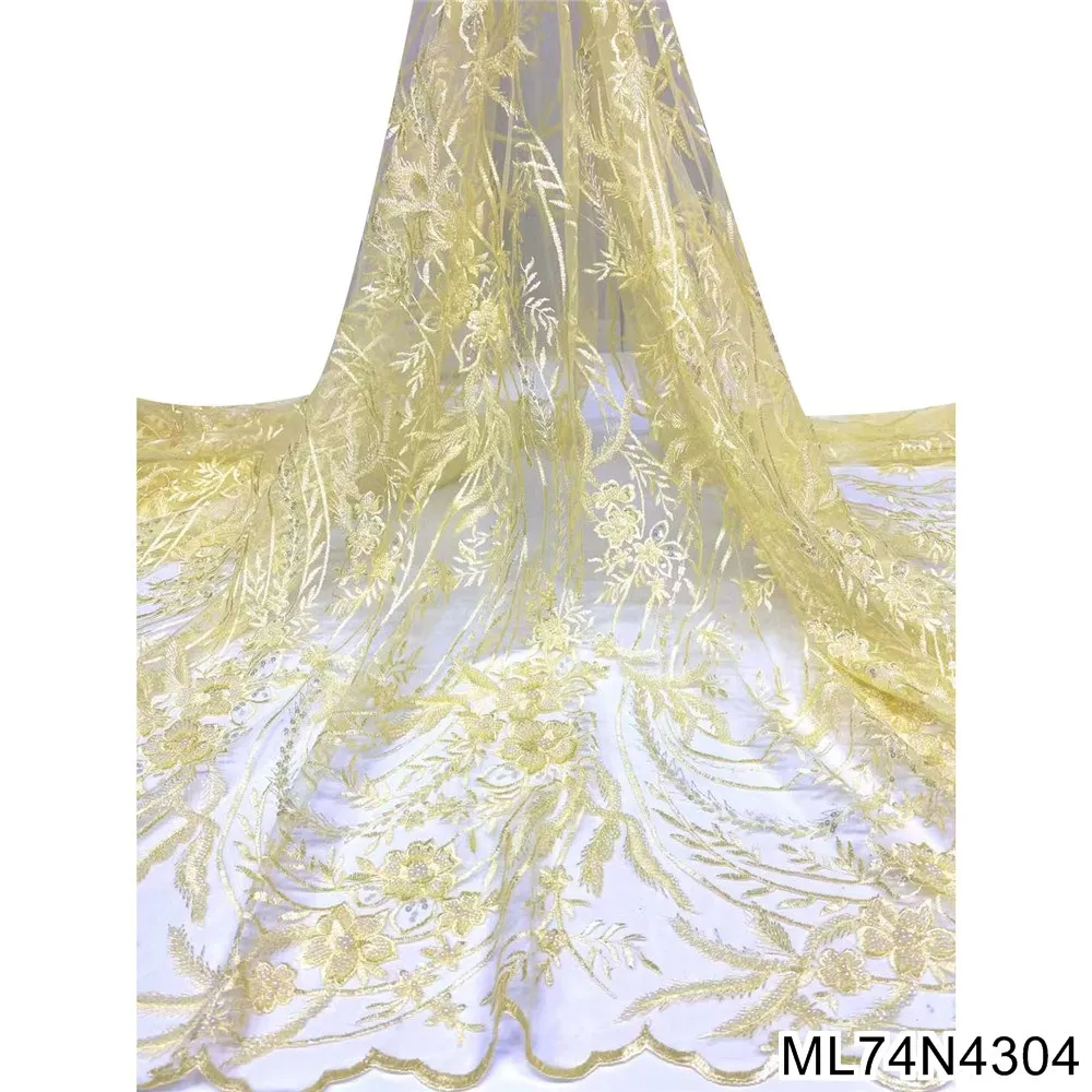 

French Handmade Beads Lace Fabric 5 Meter Sequin Embroidered African Net Lace Fabric Luxury White for Wedding Party ML74N43