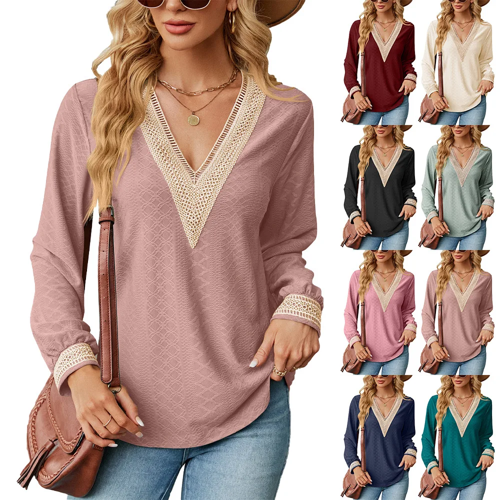 

VOLEEMI Autumn and Winter Loose Fit V-Neck Tonic Long Sleeve Elegant Casual T-Shirts with Lace Patchwork Vintage Tops for Women