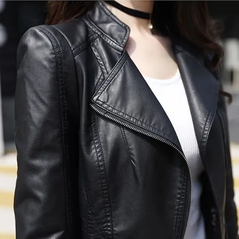 1pcs Women's Short PU Leather Suit Jackets 2022 Autumn Fashion Faux Fur Splicing Irregular Black Ladies Skinny Locomotive Coats
