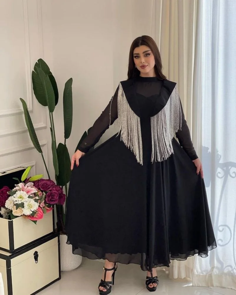 Ramadan Long Dress Moroccan Caftan 2023 Women's Spring Summer Big Swing Sexy High Waist Tassel Splice Chiffon Evening Dress