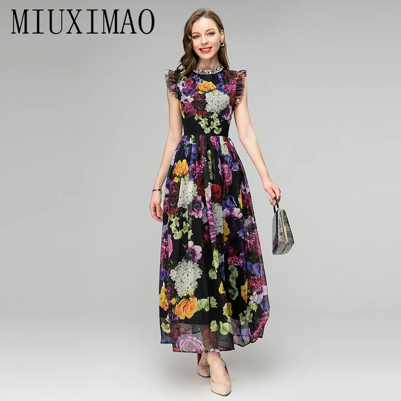 

MIUXIMAO 2023 весна-лето элегантное платье без рукавов с оборками Модное Длинное платье с цветочным принтом со стразами женские платья пляжное платье