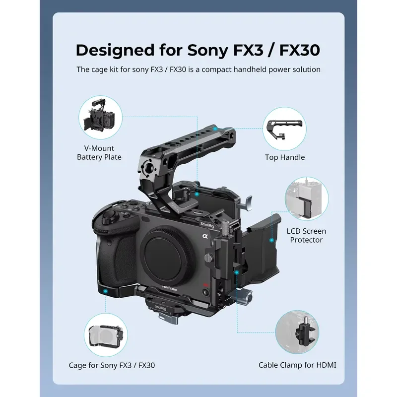 Фото Комплект защитного каркаса Brand For SmallRig для FX3 / FX30, с ручкой, пластиной для крепления V-Mount аккумулятора, зажимом для кабеля и креплением для LCD-экрана. №3