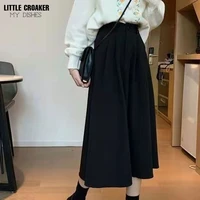 high waist skirt female 2022 autumn and winter new style solid color retro mid length large swing a line black grey skirt