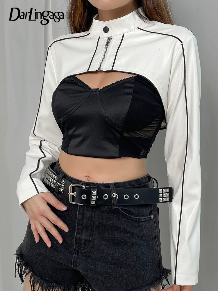 

Куртка Darlingaga из искусственной кожи женская укороченная на молнии, уличная одежда в полоску, осеннее пальто с воротником-стойкой, шикарная м...