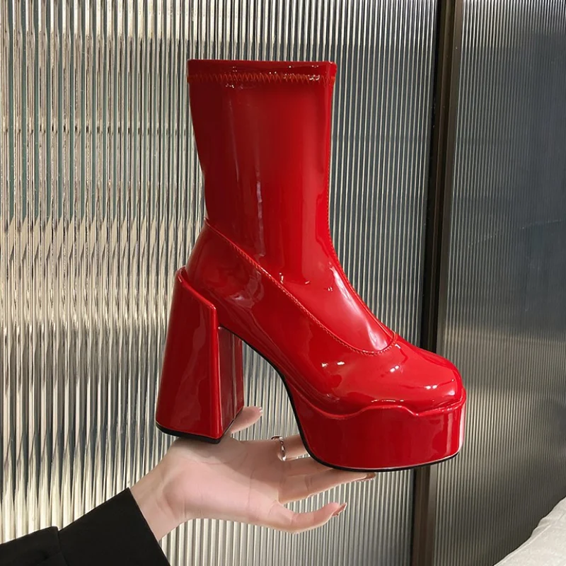 

Thick Sole Leather Ankle Boots Women's Shoes Fashion Middle Calf Ankle Boots Women's Winter Chunky Dress Botas De Mujer Size-44