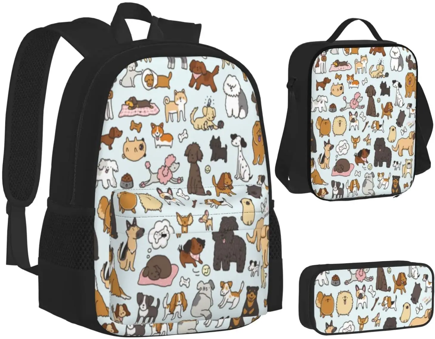 Kids School Backpack Dogs Schoolbag Travel Bag Casual Daypack Lunch Bag Pencil Case for Boys Teens Girls 3pcs Sets
