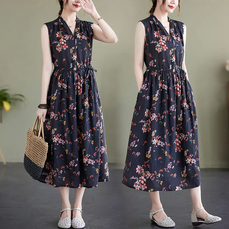

Retro 2022 New Literary Ramie Print V-Neck Dress Women's Summer Slim Sleeveless Vest Dress Casual Loose Femme Vestido h1986