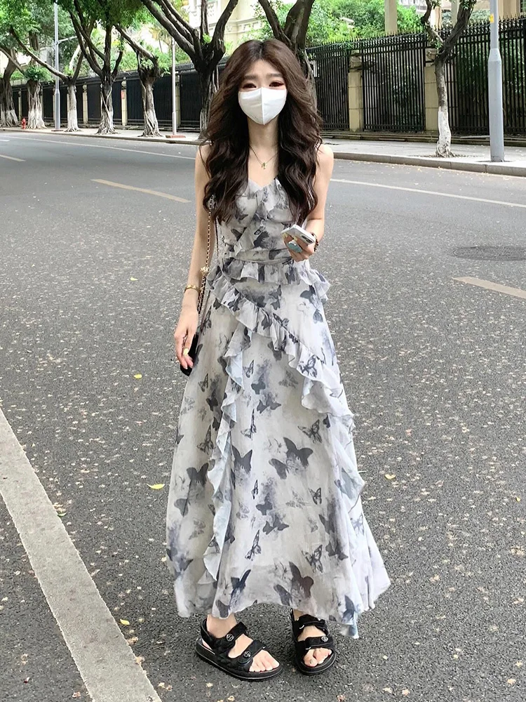 Женское платье на бретельках длинное приталенное Асимметричное Платье с принтом