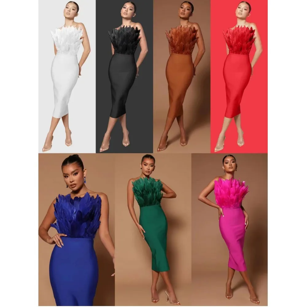 New Women's Green Black Red Multicolor Sleeveless One Shoulder Tight Mini Dress Elegant Feather Tight Fashion Sexy Evening Dress