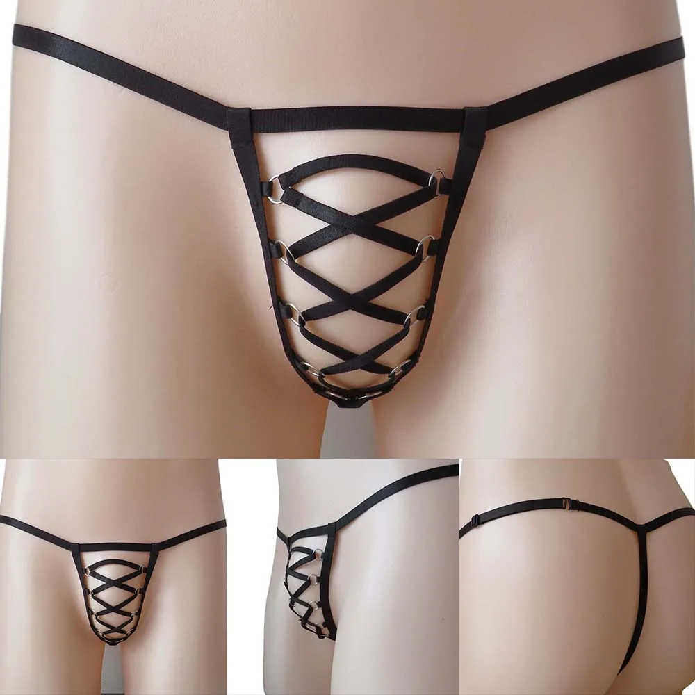 

2022 New Hollow Mens Underwear Sexy Soft Pouch Thong Transparent Breathable G-String Briefs Adjustable Low Rise T-Back Panties
