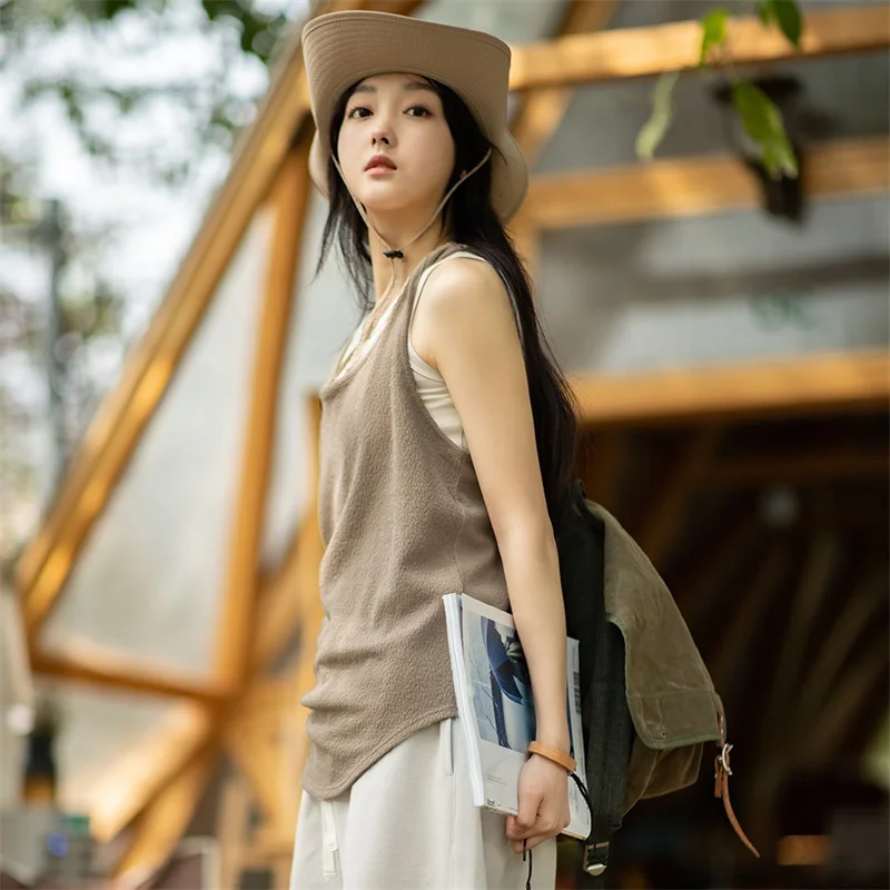 

Maden Women's Japanese Casual Tank Tops 2023 Summer Knitted Loose O-Neck Tanks Vest Sexy Sleeveless T-shirts Cool Backless Top