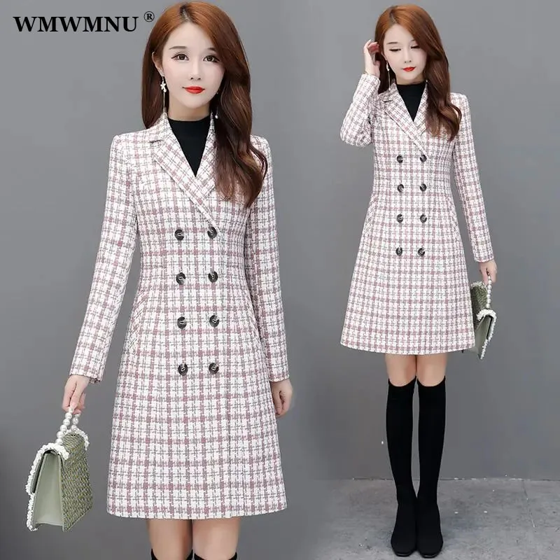 

Winter Thick Korean Plaid Tweed Overcoat Women Elegant Double Breasted Blends Woolen Coat Office Lady Vintage Mid-Length Jacket