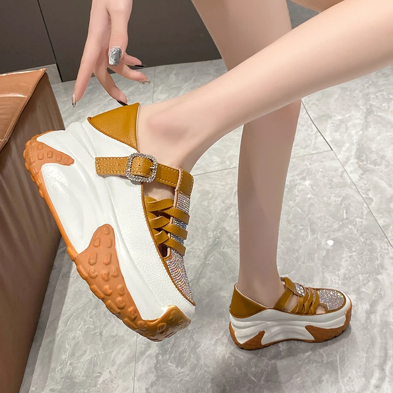 Women Rhinestone Casual Shoes Summer Platform Hidden Increasing Sneakers PU Leather Shoes New Woman Breathable White Black Shoes