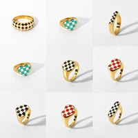valentines day series no 6 18k real gold plated white red nectarine heart checkerboard plaid stainless steel ring 1