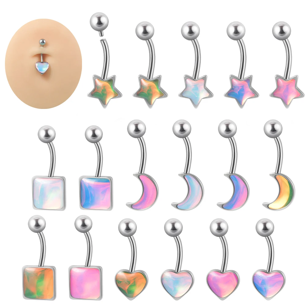

1PC Stainless Steel Epoxy Glitter Belly Piercing Square Star Heart Moon Navel Flash Film Belly Buttom Ring Body Jewelry 14G