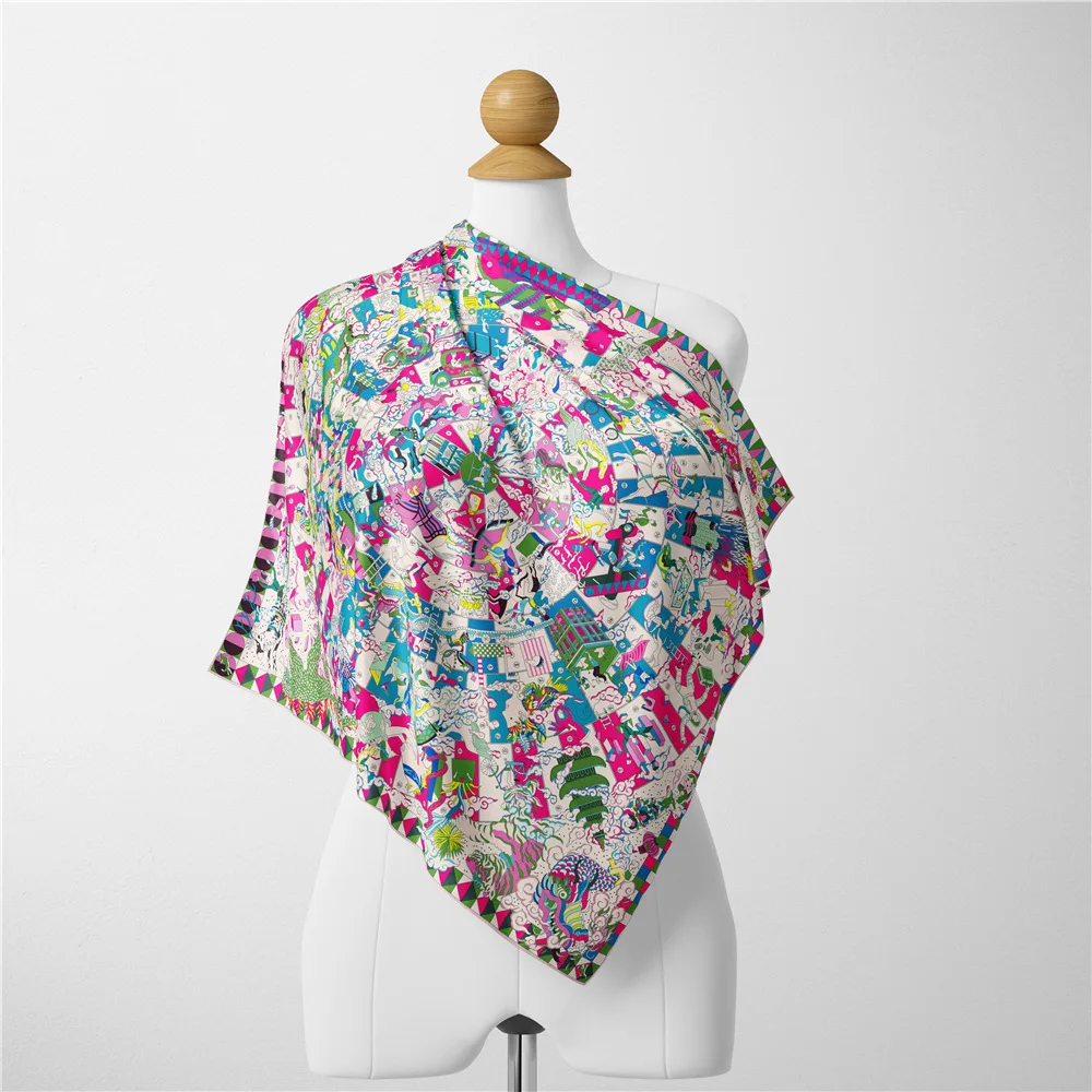 

Дизайнерский роскошный саржевый шелковый шарф, женские квадратные шарфы с рисунком деревни, бандана, маленький хиджаб, шарфы, шейный платок